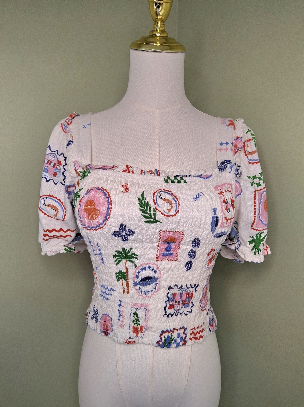 Monteau LA Smocked Coastal Print Puff Sleeve Crop Top XL Boho Vacation